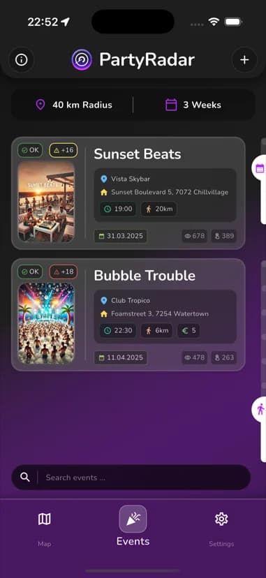 PartyRadar events list showing nearby parties and festivals