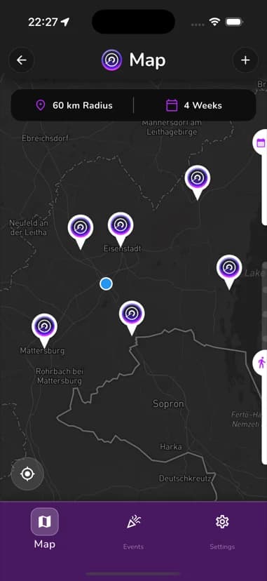 PartyRadar map view showing nearby events