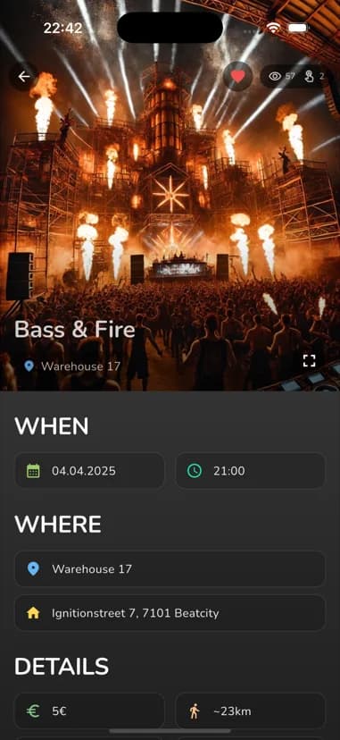 PartyRadar event detail page with venue information