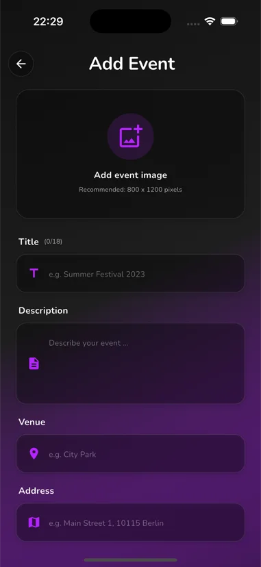 PartyRadar add event screen for organizers